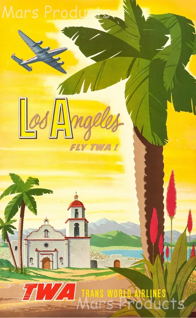 Los Angeles California TWA 1955 Vintage Style Airline Travel Poster 24x36