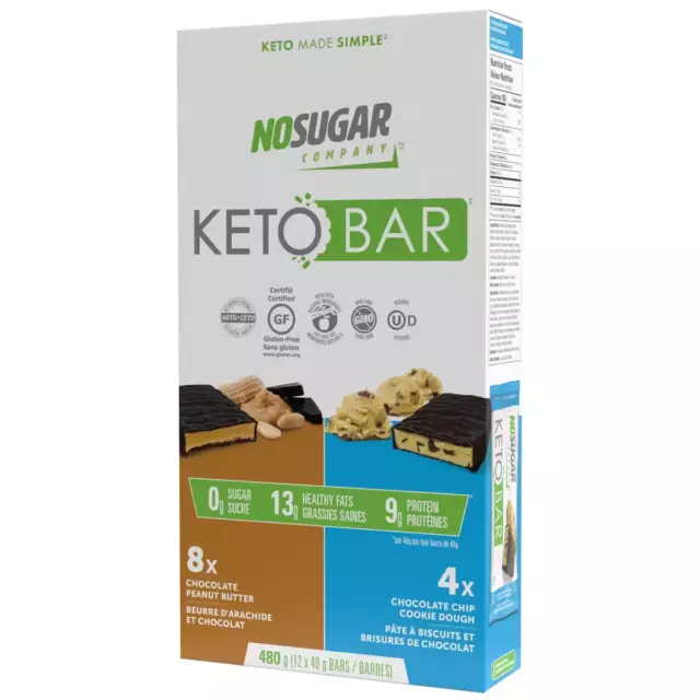 No Sugar Company Keto Bars | Keto perdita di peso burro di arachidi + impasto biscotti 12x40 g