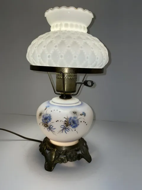 Vintage Milk Glass W/Hand Painted Flower Design Quilted Shade Vanity Lamp