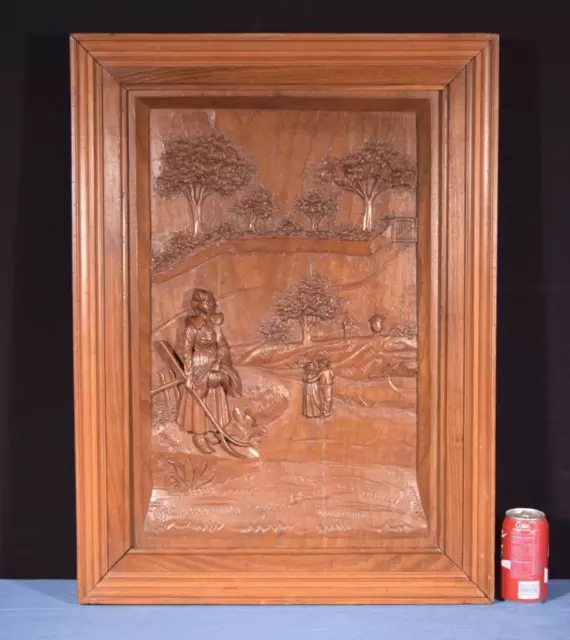 Large French Antique Deep Carved Framed Panel in Solid Walnut Wood Breton