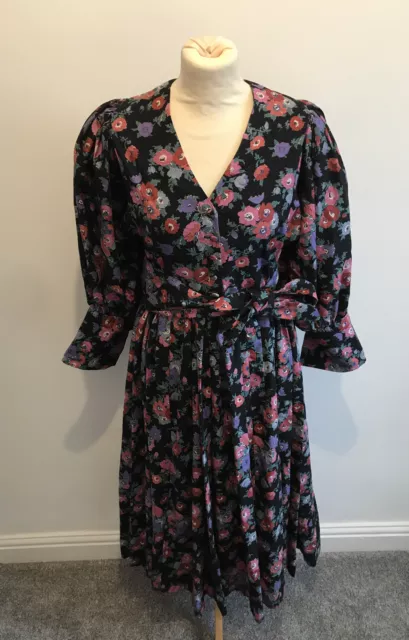 Vintage Droopy & Browns Floral Pleated Midi Dress Size 14 100% Cotton Retro