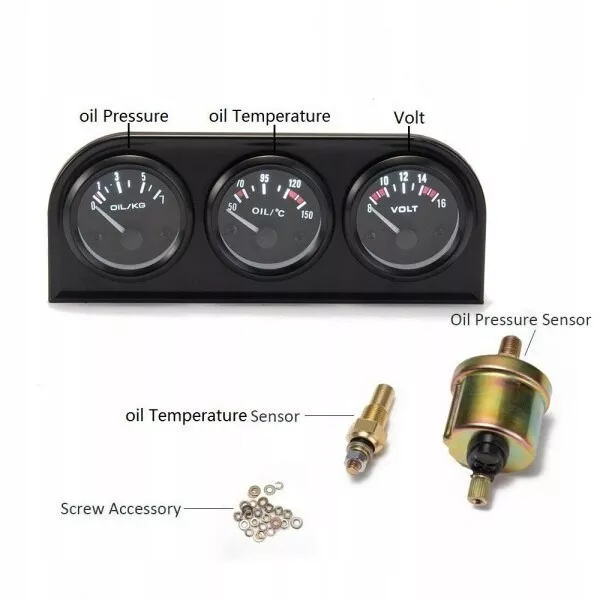 52Mm 3In1 Kit M-9888 Oil Temp Gauge Jauge L'eau Temperature Pression D'huile 2