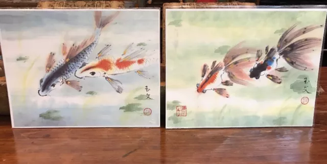 PAIR Oriental Chinese Abstract Brush Painting Animals KOI FISH 11"x14" Each Sign