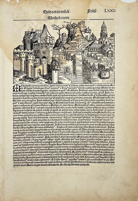 Rare Woodcut - Milano by Hartmann Schedel - Wolgemut - Pleidenwurf - Nuremberg