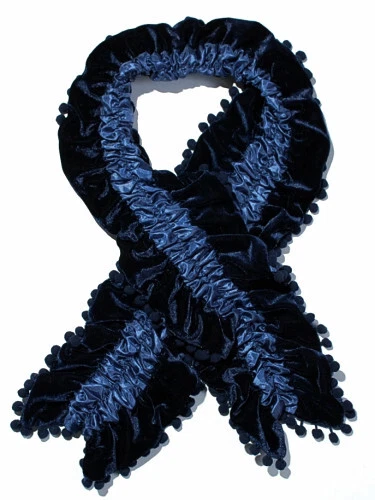 Écharpe Fantaisie Femme Velours Et Satin Bleu Avec Pompons - Accessoire Tendance Neuf