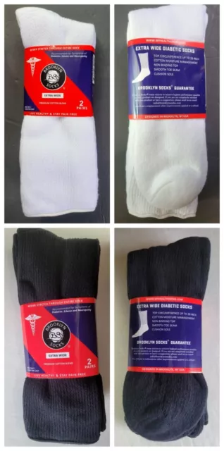 Brooklyn Diabetic Socks 10-16 L XL 2 Pack Black White Extra Wide Mid Over Calf
