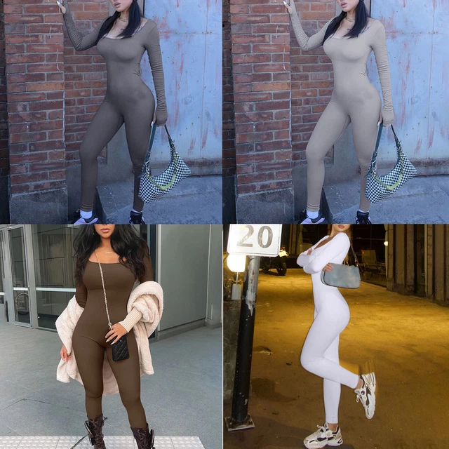 Women Sport Jumpsuit Square Neck Low Cut Long Sleeve Bodysuit Workout Sportswear