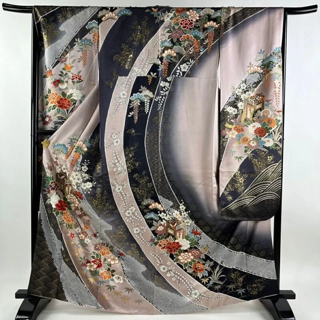 Japanese Kimono Furisode Pure Silk Pine Bamboo Plum Trees Greyish Purple