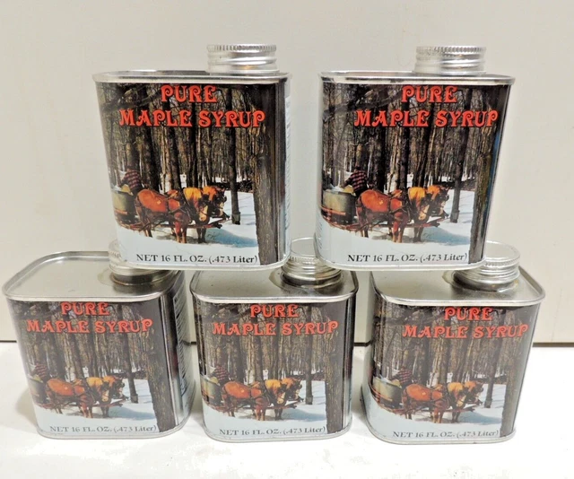 5 Pure Maple Syrup Tin Cans 16 Oz. Vermont Vintage Empty 1984 New England