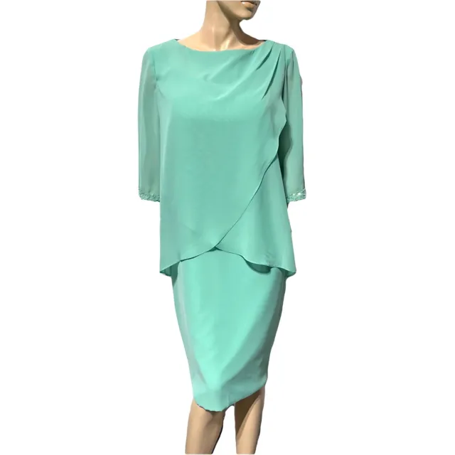 LAN TING Mother Of The Bride Dress Chiffon SEQUIN Cuff Layered Mint Green Sz M L