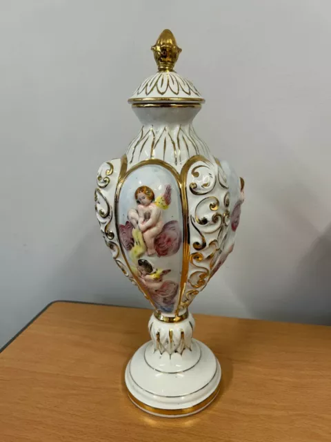 Vintage Italian Keramos Capodimonte Lidded Urn with Raised Cgerubs *Restoration*