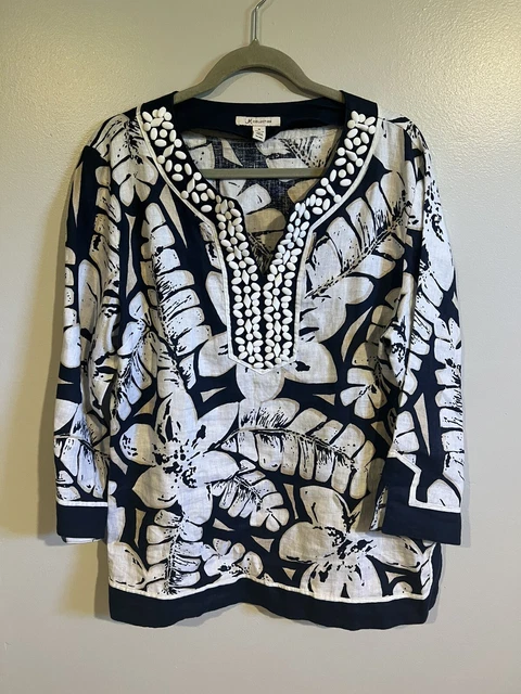 JM Collection 100% Linen Floral Top Beaded Blouse Size 16