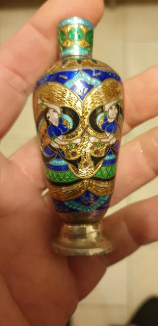 FLACON A KHOL BOITE A KHOL EN ARGENT EMAILLE INDE XXeS DE TRES BELLE QUALITEE