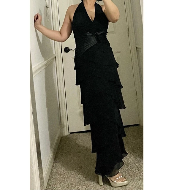 Tadashi Shoji Halter Gown Maxi Dress Ruffle Bottom Black Silk Sz 6 Wedding Party Tadashi Shoji Halter Gown Maxi Dress Ruffle Bottom Black Silk Sz 6 Wedding Party