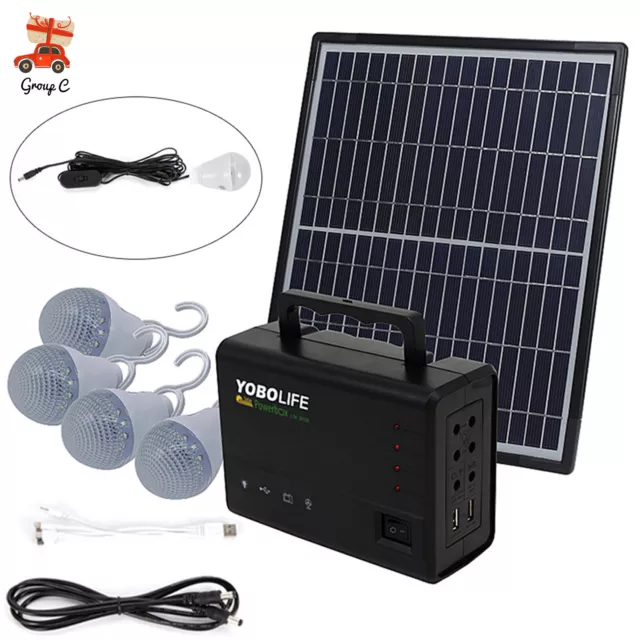 Solar Panel Power Generator Kit | Portable Battery Pack Power Station w/ 4 Bulbs