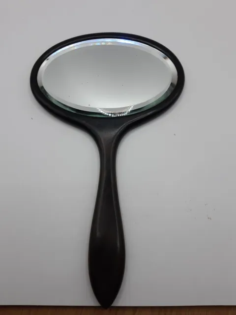 Antique Vintage Real Ebony Wood Oval Bevelled Edged Vanity Hand Mirror