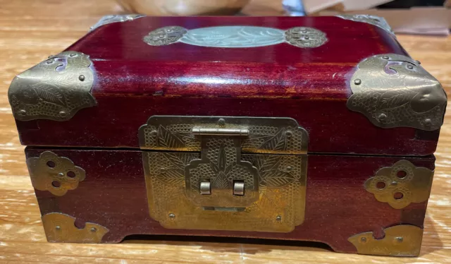 1930 era Antique Vintage Chinese carved Ornate wooden box, jade inlay & brass 🎁