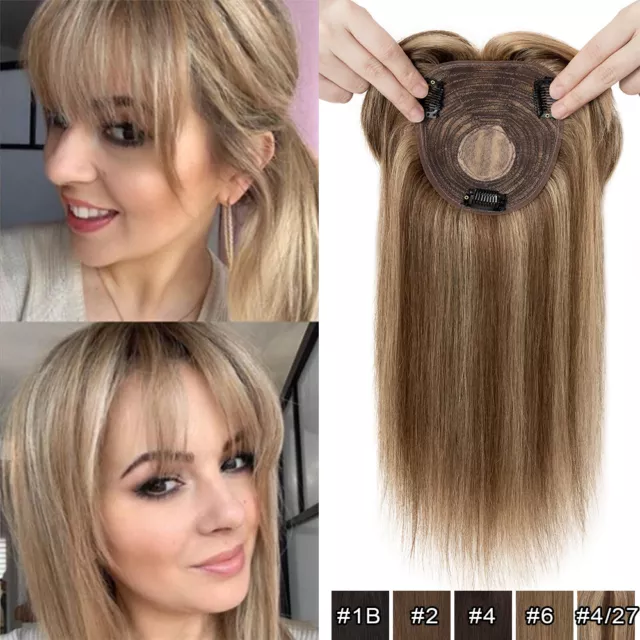 Clip In Remy Human Hair Topper Hairpiece Toupee with Bangs Silk Base For Women
