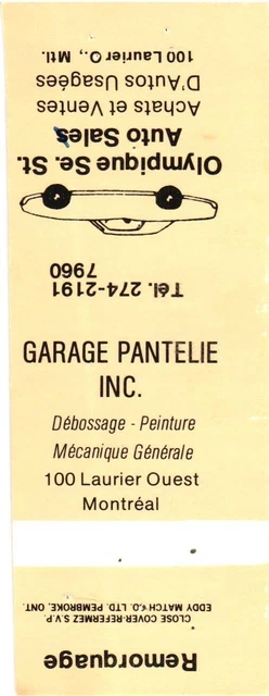 Montreal Quebec Canada Garage Pantelie Inc., Mechanic Vintage Matchbook Cover