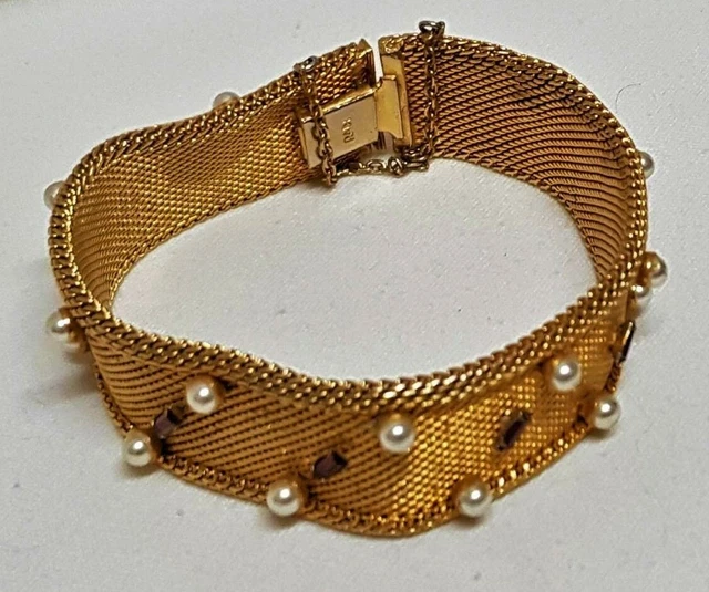 Bracelet Vintage En Maille Miroir Plate Souple - Couleur Vieil Or Patiné - Bijou Ancien Pour Femme