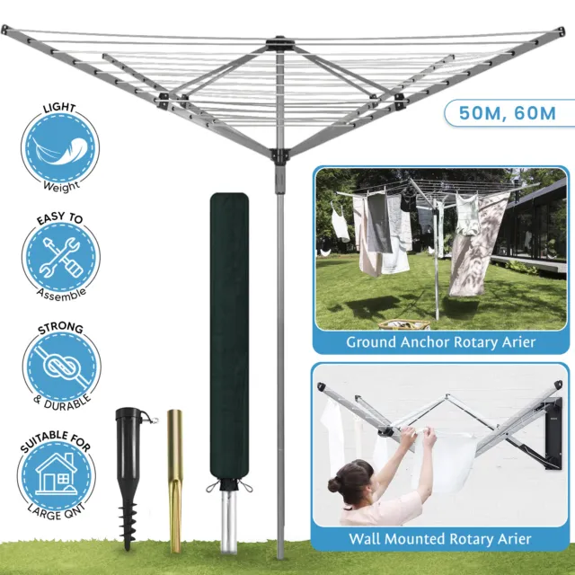 4 Arm Rotary Garden Washing Line Clothes Airer Dryer Free Cover Spike Outdoor