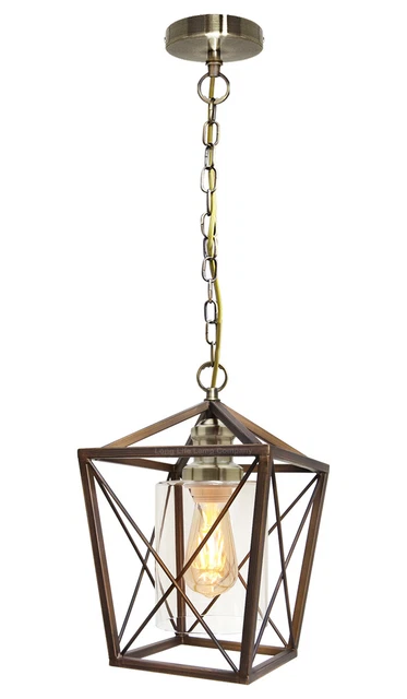 Vintage Brass Glass Shade Hanging Pendant Ceiling Lantern Pub Diner Light M0200