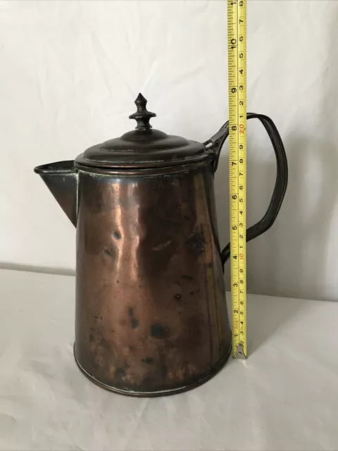 Vintage Rustic Copper French? Jug With Hinged Lid Lidded Ewer Pitcher