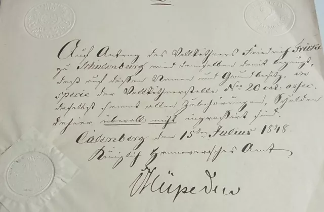 Dokument Amt CALENBERG 1848 für Friedrich Fricke (Schulenburg); Signatur Hüpeden