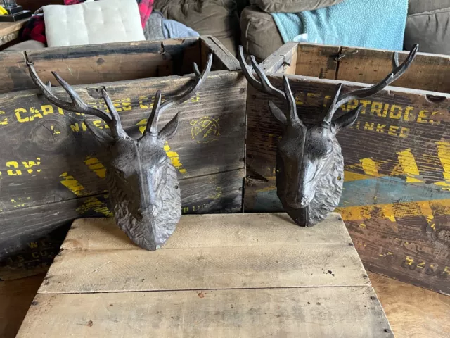 Vintage Pair of Cast Iron Elk Bust Wall Decor--Great Patina