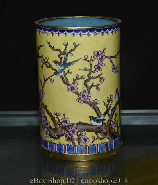 5 " Ancient China Cloisonne enamel Bronze Dynasty Plum Flower Bird Brush Pot
