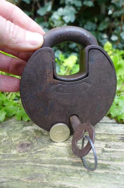 Vintage Large Padlock with one key, working order unique shape heavy Patent 3