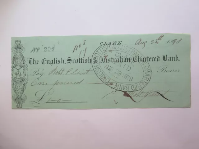 1878 English Scottish & Australian Bank Clare Sa Branch Cheque Used & Cancelled