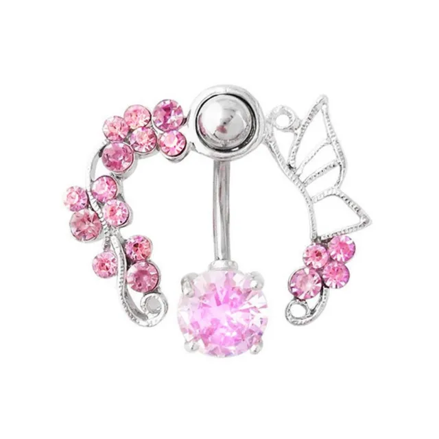 Pink Crystal Fllower Navel Belly Button Ring Butterfly Bar Body Piercing Jewelry