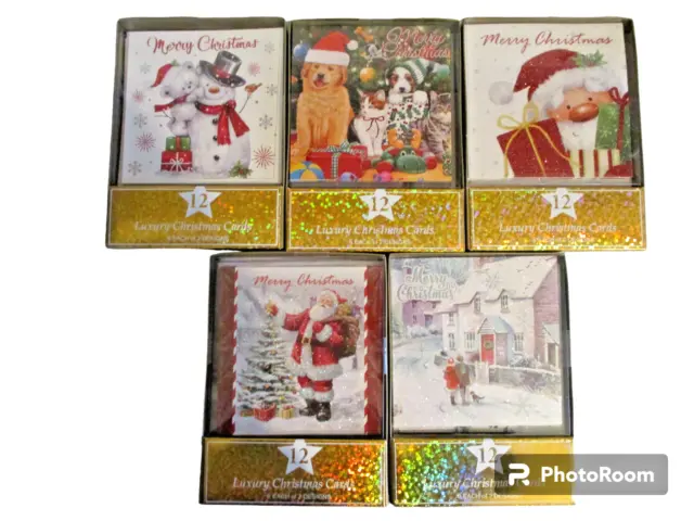 Luxury Foil / Glitter Christmas Cards + Envelopes 12 pack Assorted Designs 14cm