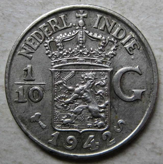Netherlands East Indies  1942-S Silver One-Tenth 1/10Th Gulden Coin (Km# 318)