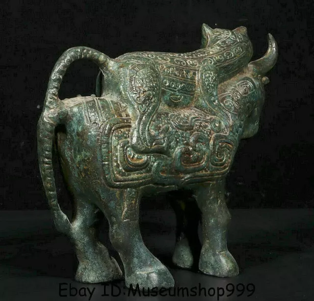10" Antique Old China Bronze Ware Dynasty Tiger Beast Bull Oxen Cattle Statue 3