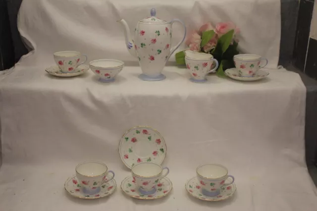 111186i Beautiful Vintage Foley China Coffee Set White Blue pink c 1920's