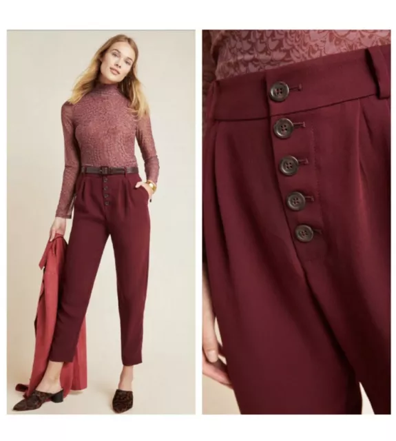 NWT Anthropologie Sasha Button-Fly Tapered Trousers Pants in Wine Red Sz 2 XS