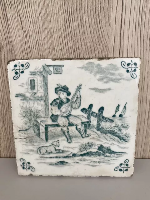 Antique Delft Style Transfer Printed 5" Tile in Green