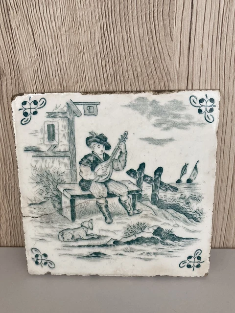 Antique Delft Style Transfer Printed 5" Tile in Green