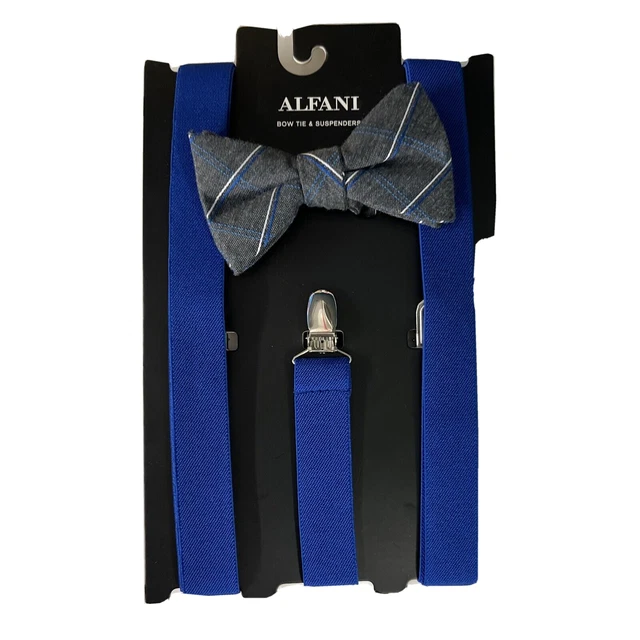 Alfani  Mens Solid Woven Dress Suspenders and Bowtie, Grey Blue, One Size