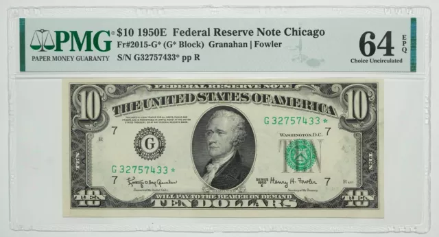 1950 E Series $10 Ten Dollar FRN Fr #2015-G* Granahan/Fowler PMG Graded 64 EPQ