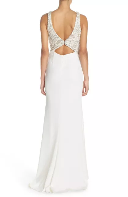 Terani Couture White Nude Beaded Lace Cutout Top Embellished Gown Dress 4 L14509 2