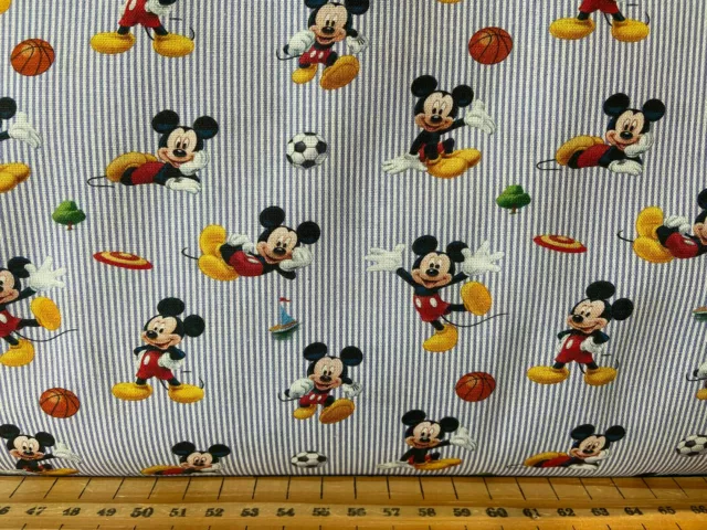 Disney Sports Mickey Mouse on Blue Stripes 100% Cotton Fabric by 1/4M* Football