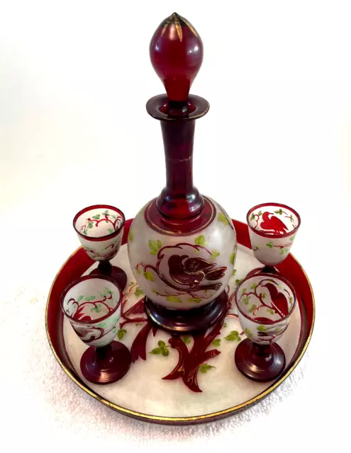 1900's Bohemian Etched Glass Painted Ruby Red Gold Detail Birds Decanter Tray