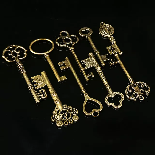 9pcs/set Key BIG Large Antique Vintage old Bras Skeleton Lot Cabinet Barrel Lock