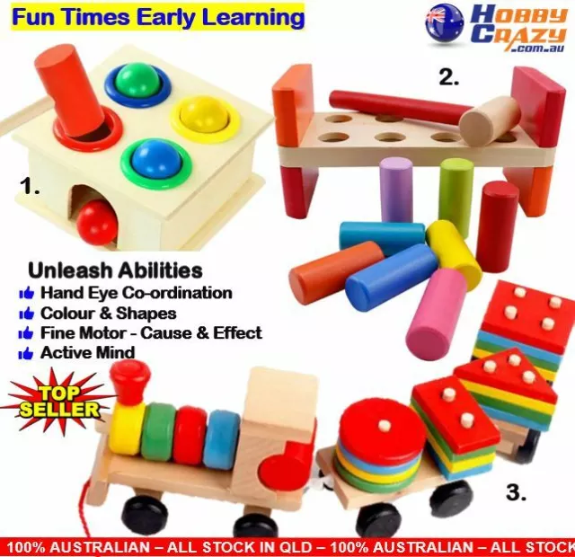 Pulling Train Kids Educational Toy Wooden Hammering Block Set with Hammer 1/2/3