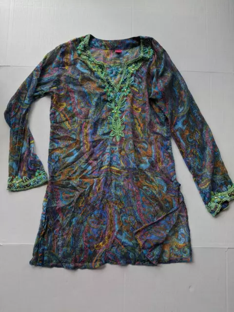 Raj 100% Silk Women's M Tunic Blouse Semi Sheer Beaded Sequin Paisley Multicolor