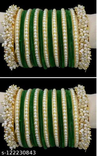 48Pieces Grün Farbe Kundan Perlen Glas Samt Armreif Set Mädchen / Damen Schmuck
