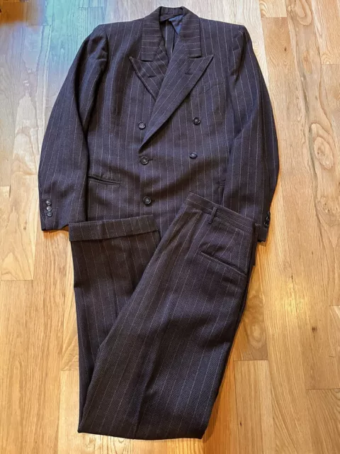 1940s Double Breasted Brown Pinstripe 2pc Wool Suit Gangster Formal Sz S Tailor